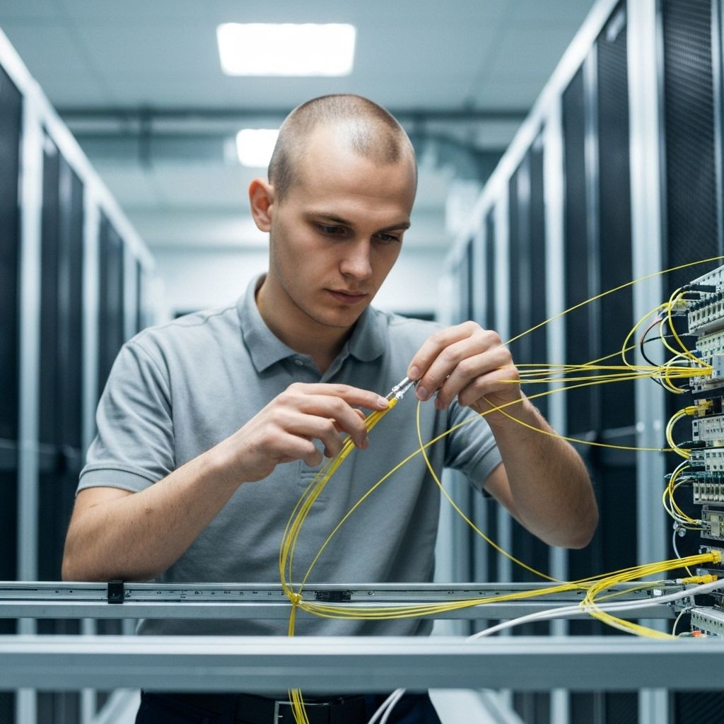 Brightwave technician installing and testing fiber network equipment