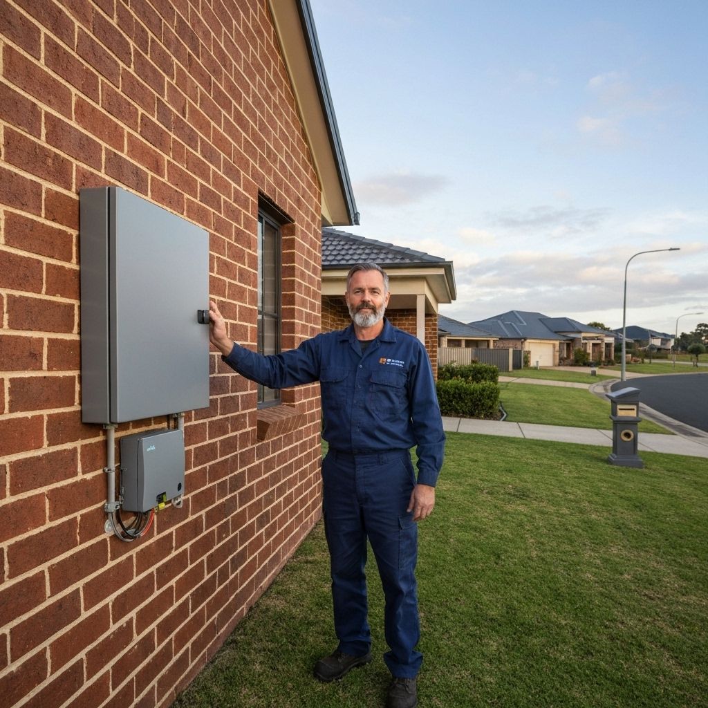 Technician standing beside closed small gray NBN PCD box mounted on house wall